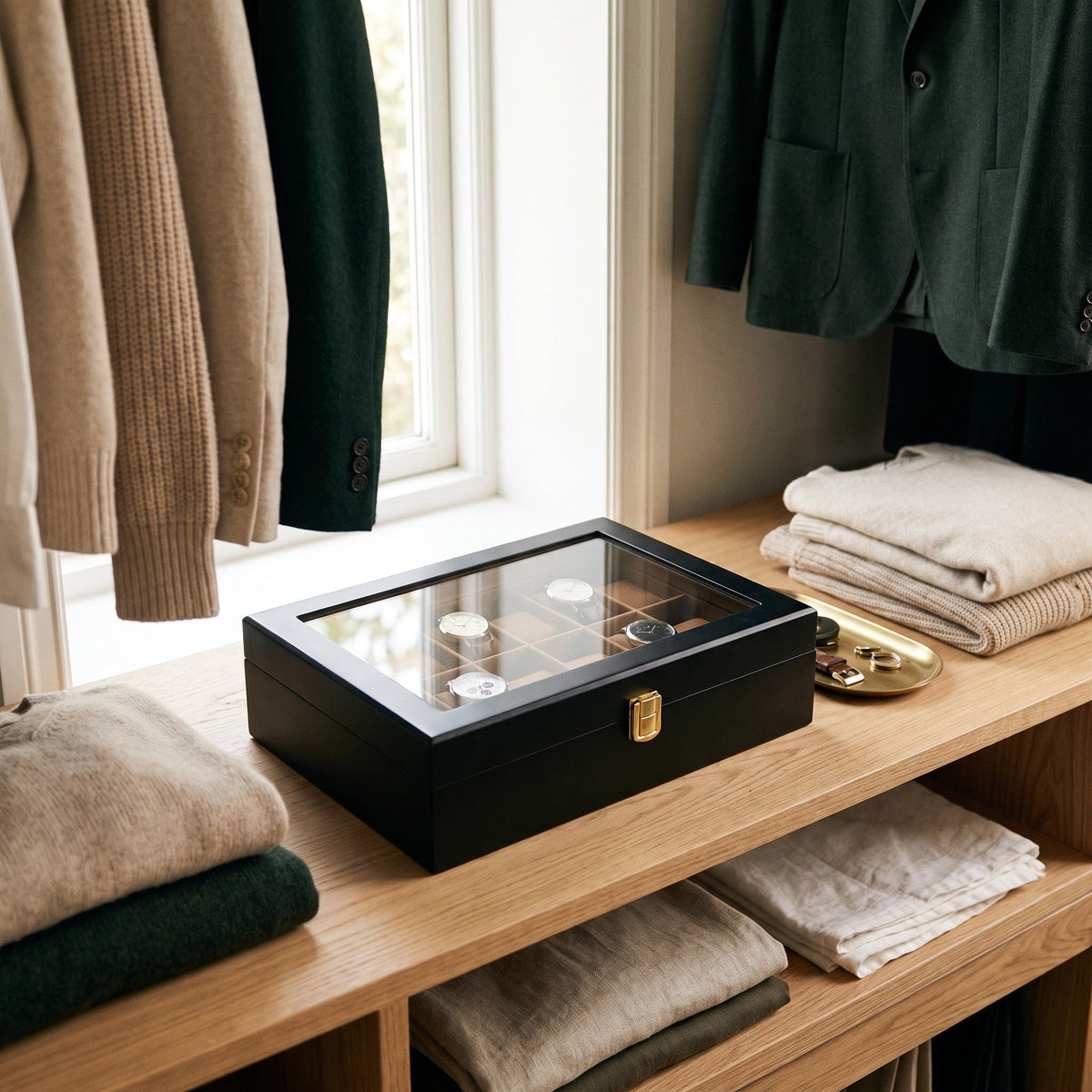 Boîte à montres 10 places Vitrine fermée sur une étagère de dressing