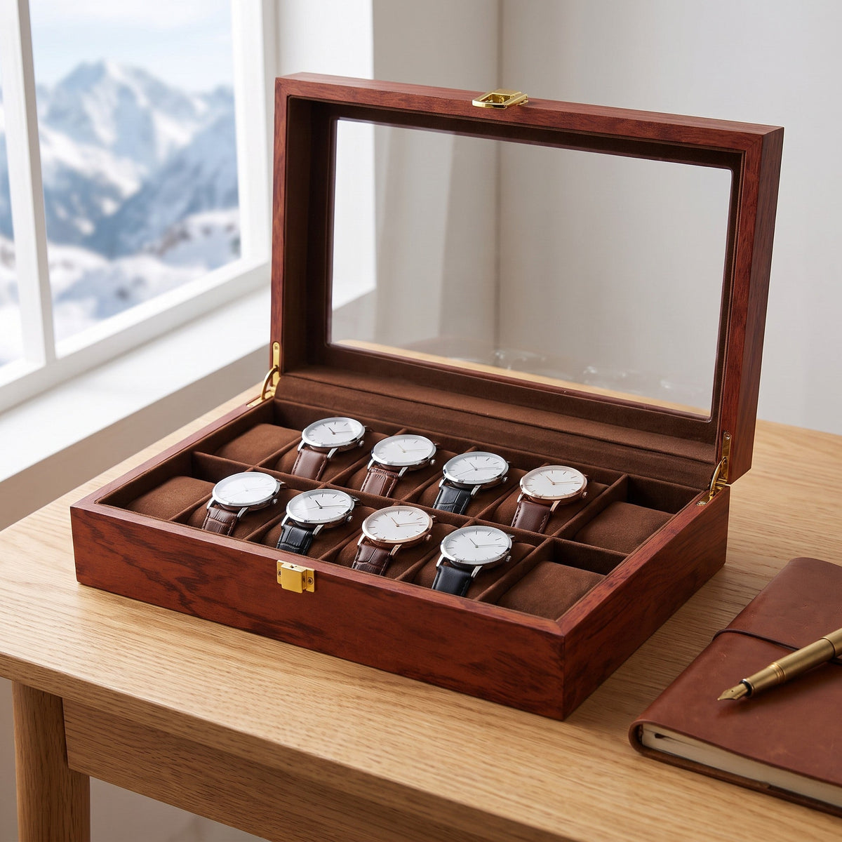 Boîte à montres 12 places Galerie Brun ouverte sur un bureau en chêne