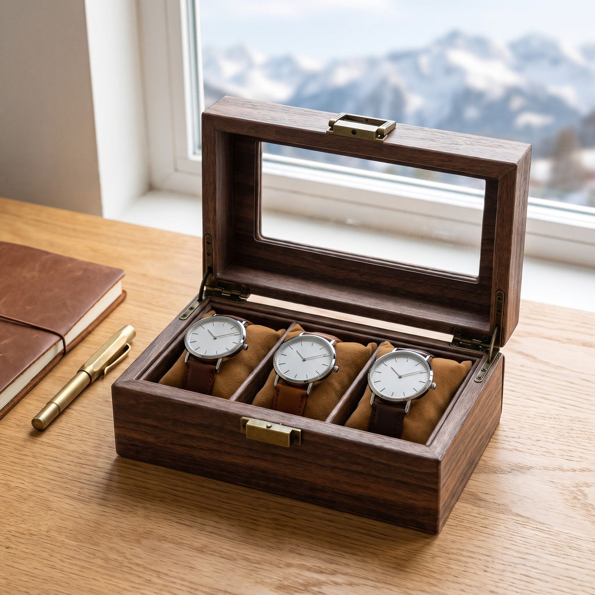 Boîte à montres 3 places Galerie Brun ouverte sur un bureau en chêne face à la montagne