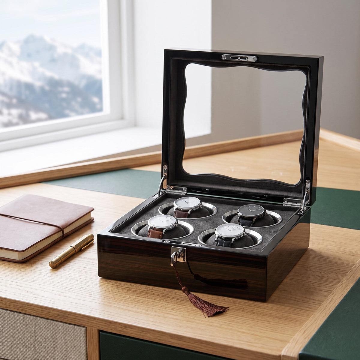 Boîte à montres 4 places Cimaise ouverte sur un bureau en chêne face à la montagne