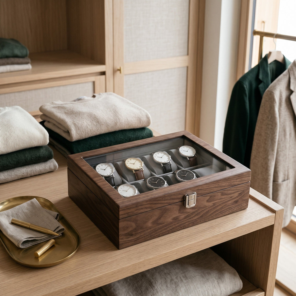Boîte à montres 8 places Veille, couvercle vitré, sur une étagère de dressing