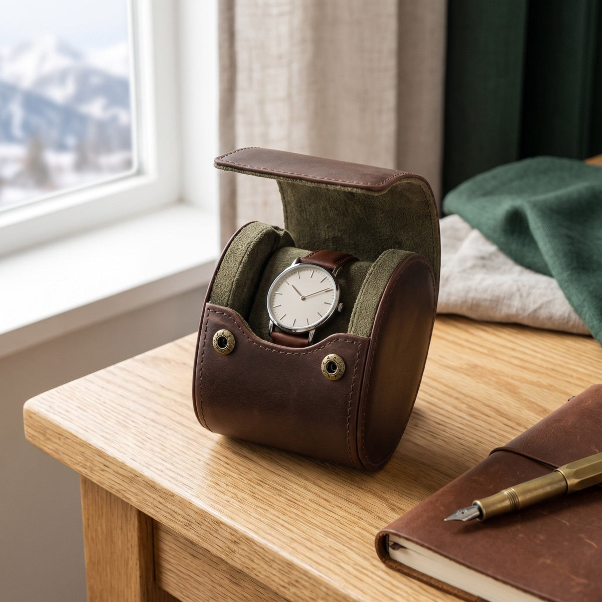 Étui 1 montre Tannage en cuir brun vieilli, ouvert sur un bureau en chêne