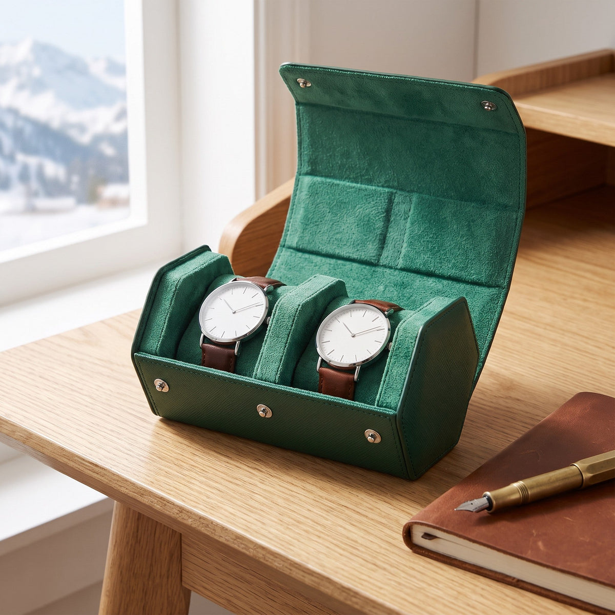 Étui 2 montres Bouteille en cuir vert, ouvert sur un bureau en chêne face à la montagne