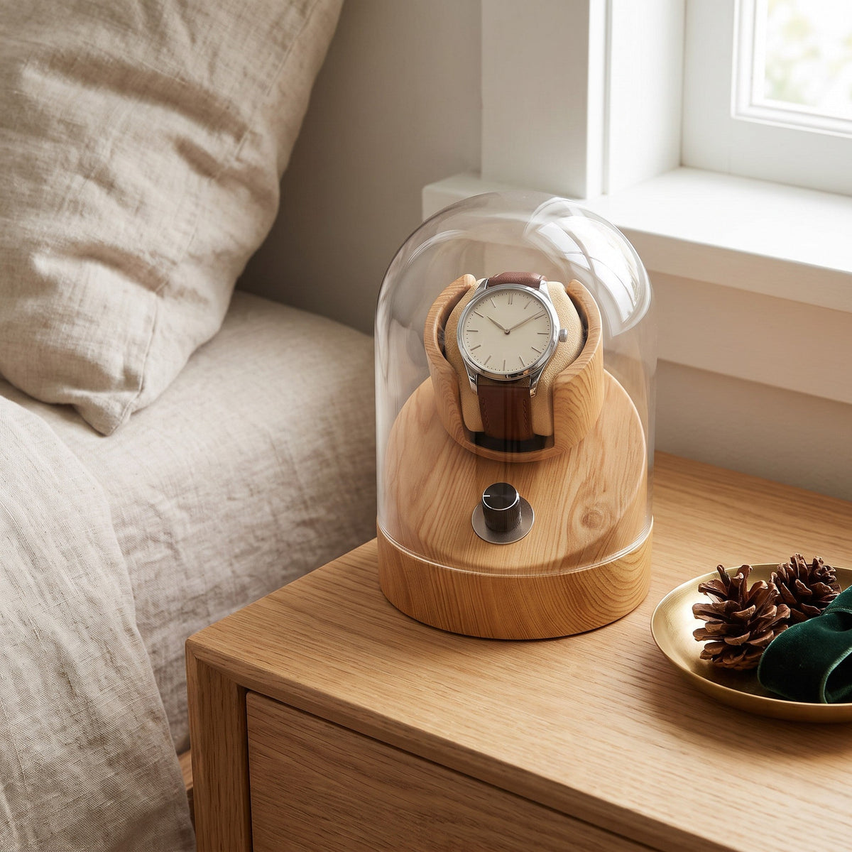 Remontoir Perlage 1 montre sous cloche en verre, sur une table de chevet