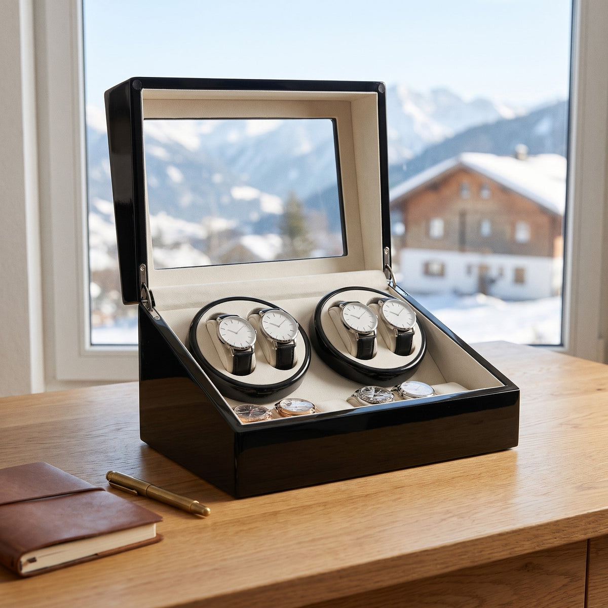 Remontoir 10 montres Écrin Cuir noir ouvert sur un bureau, vue sur la montagne