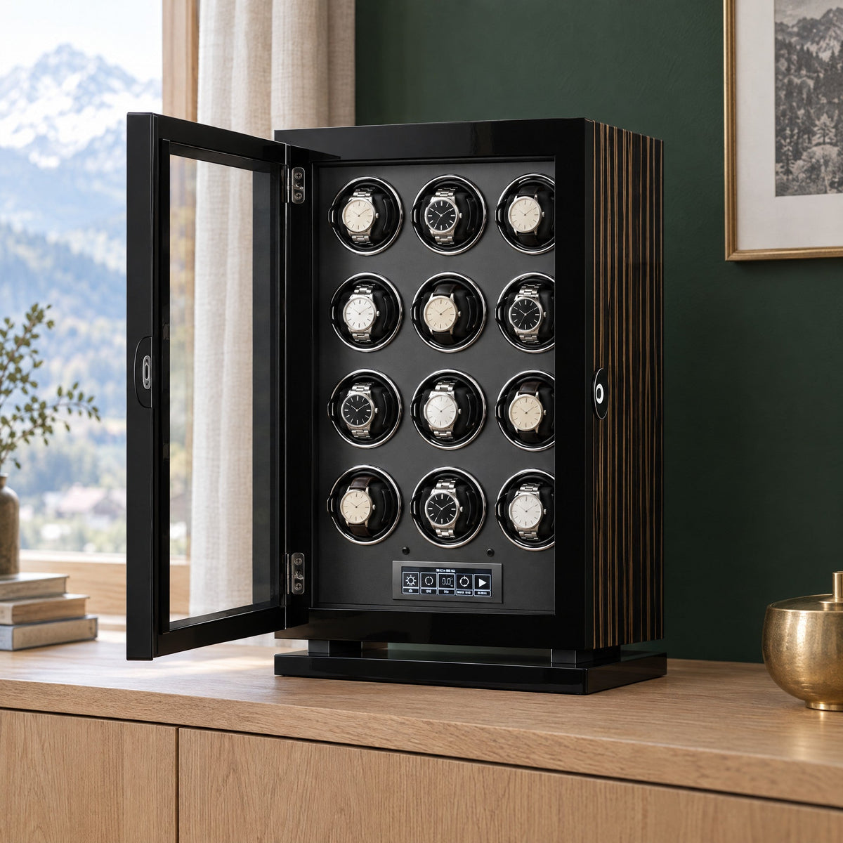 Remontoir 12 montres Cabinet porte ouverte, rotors visibles