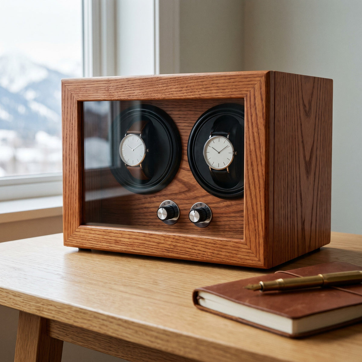 Remontoir 2 montres Platine en bois veiné sur un bureau en chêne face à la montagne