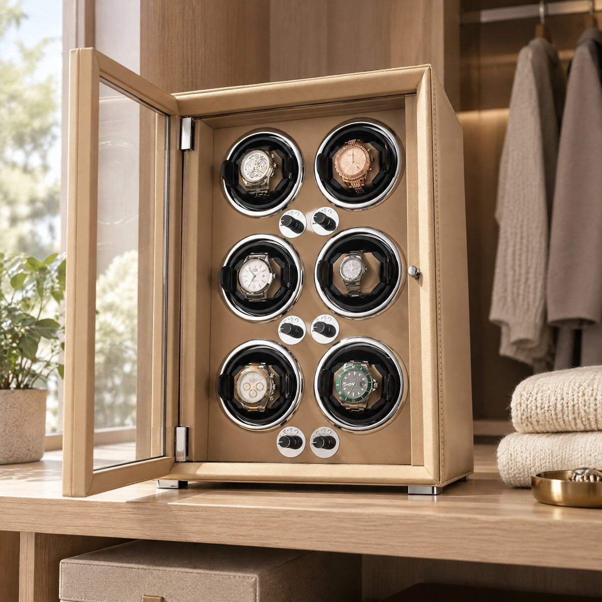 Remontoir 6 montres Balancier crème, porte vitrée ouverte, sur une étagère de dressing
