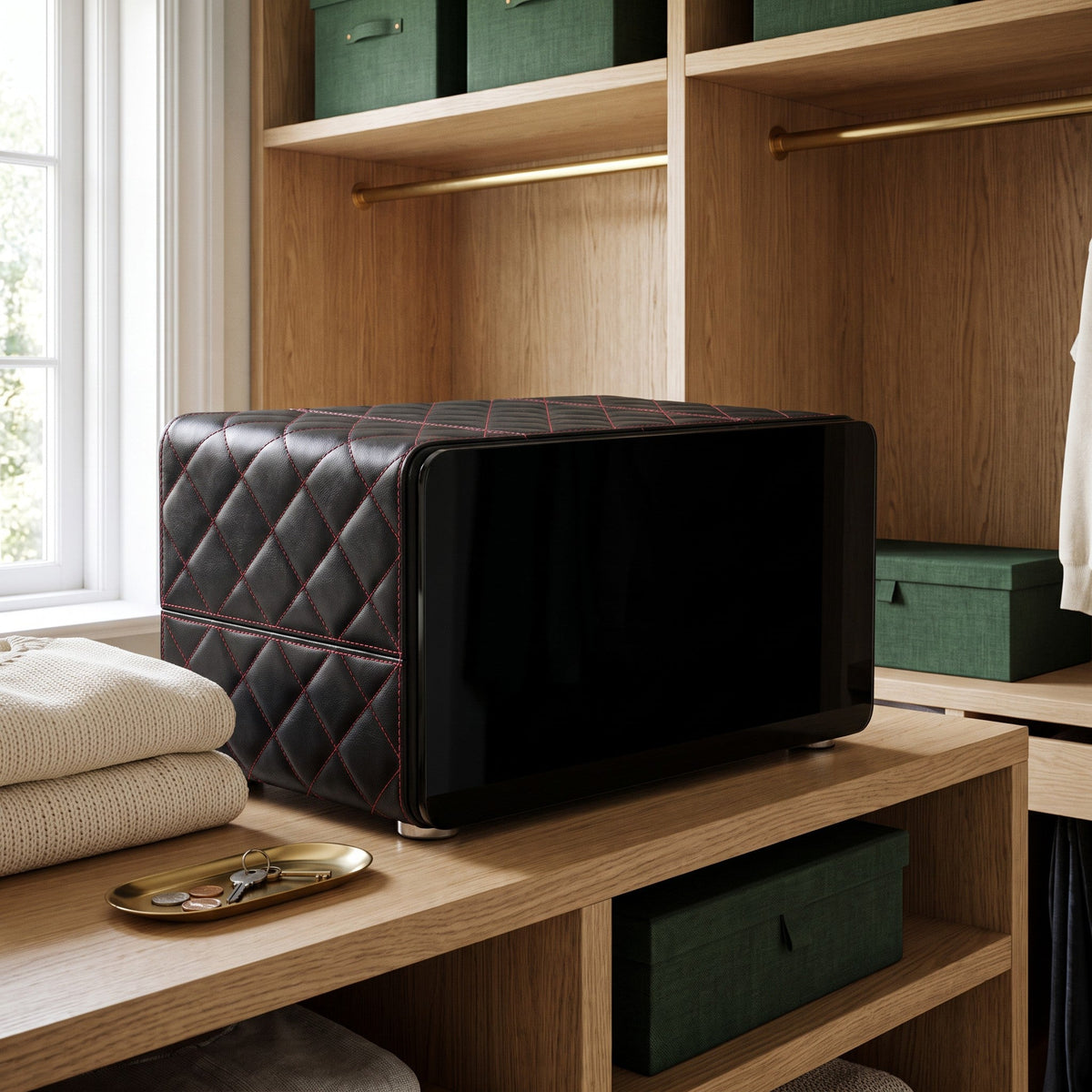 Remontoir 8 montres Cabinet Blindé fermé, cuir matelassé noir, sur une étagère de dressing